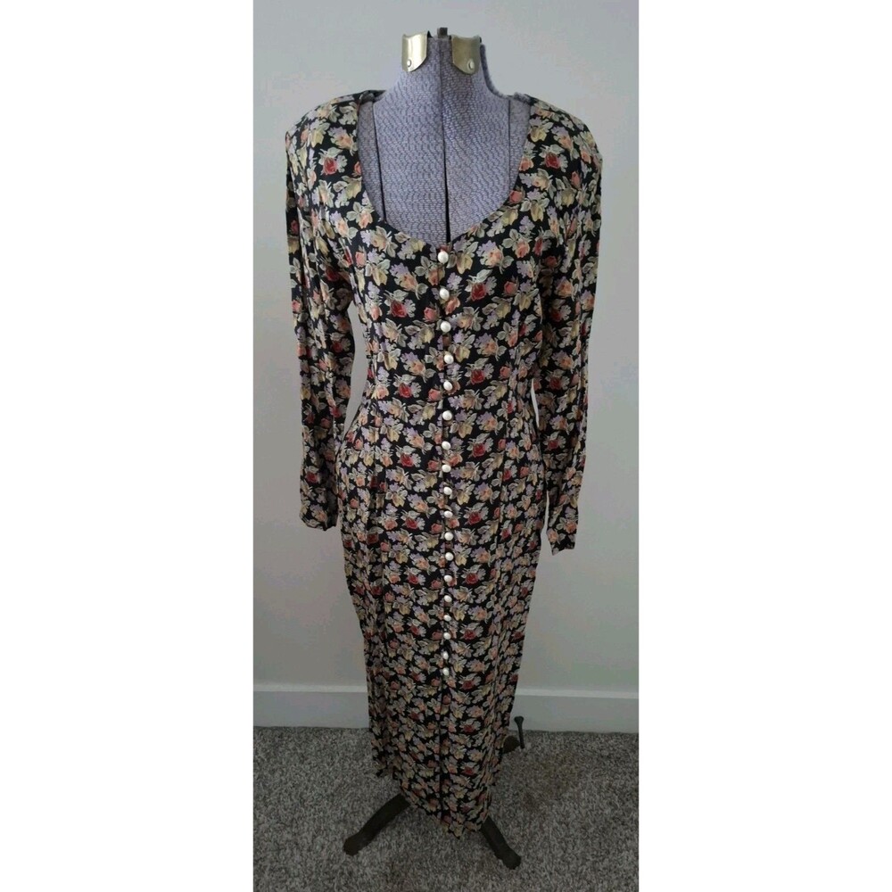 Vtg 90s Women's Maxi Dress Black Floral Button Cottagecore Teacher Feminine 10